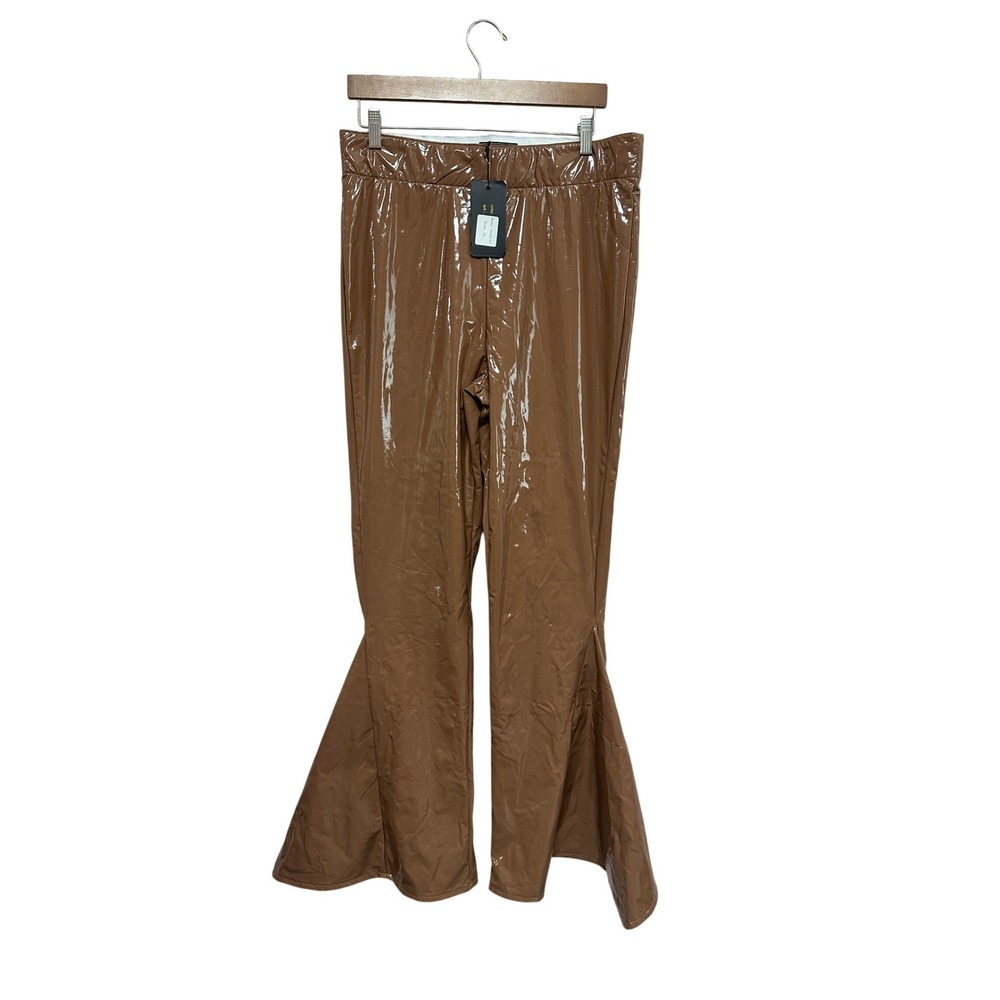 Lucky & Blessed Brown Patent Faux Leather Flare Pants Side Slit XL HXY02-GT NWT